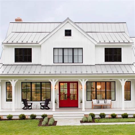 metal roof pitch ranch house|white farmhouse with metal roof.